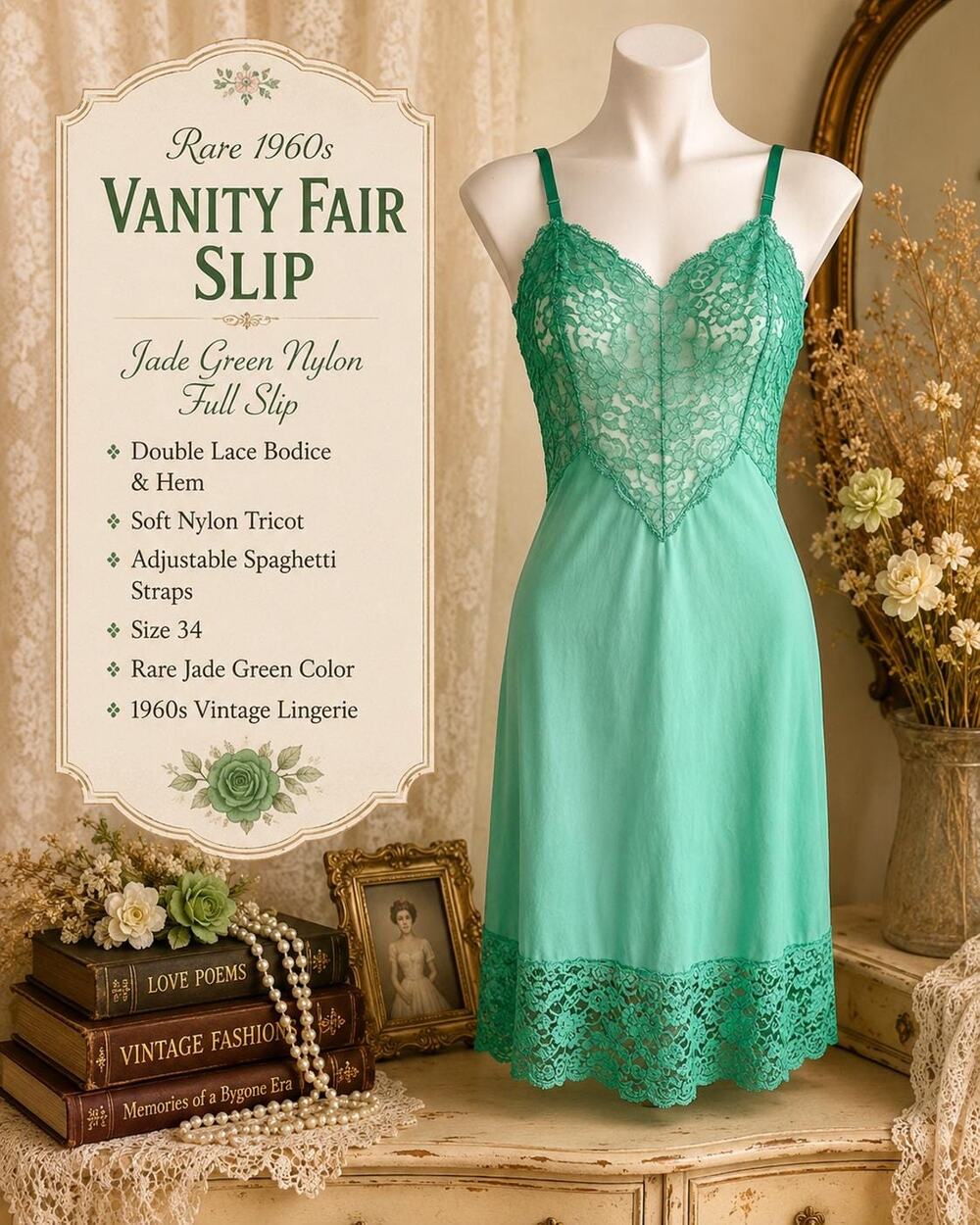 Rare Jade Green Vanity Fair Slip 1960s Vintage Double Lace Nylon Full Slip Sz 34